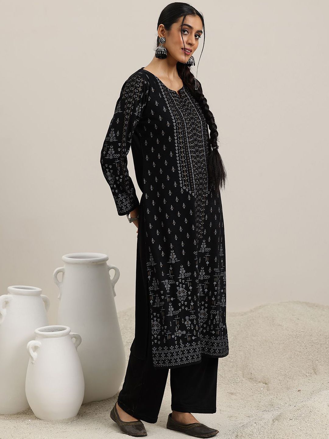 Libas Black Ethnic Motifs Woven Design Notch Neck Straight Kurta with Trousers & Dupatta