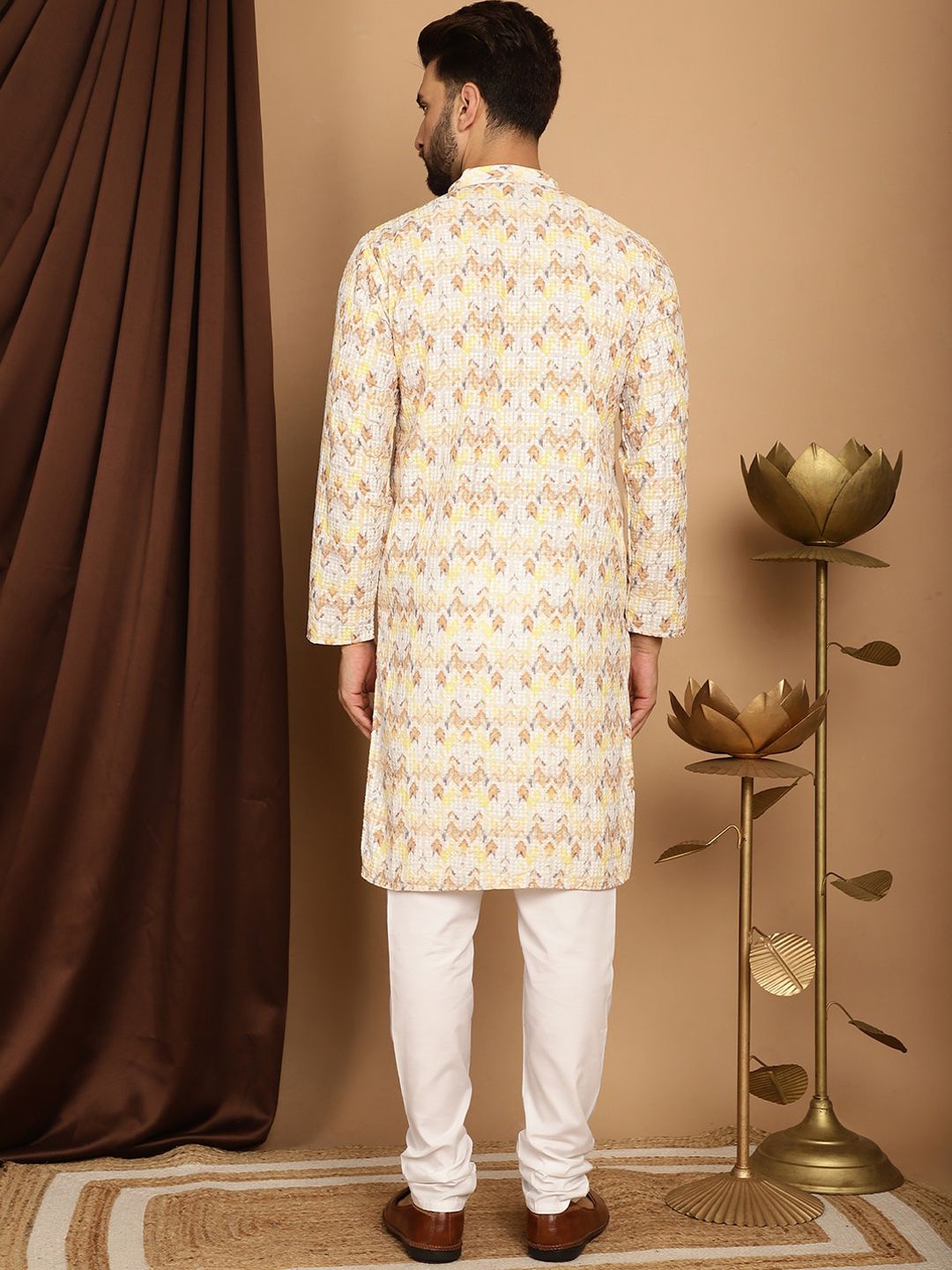 SOJANYA Kolar Mandarin Sulam Geometrik Kapas Tulen Kurta Lurus Dengan Churidar