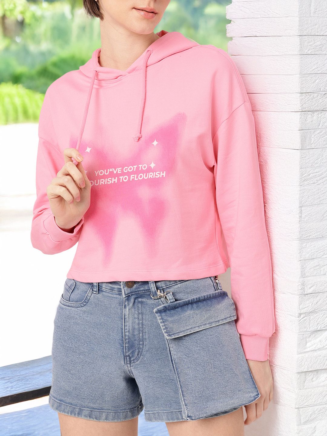 DressBerry Printed Hooded Cotton Terry Relaxed Fit Sweatshirt