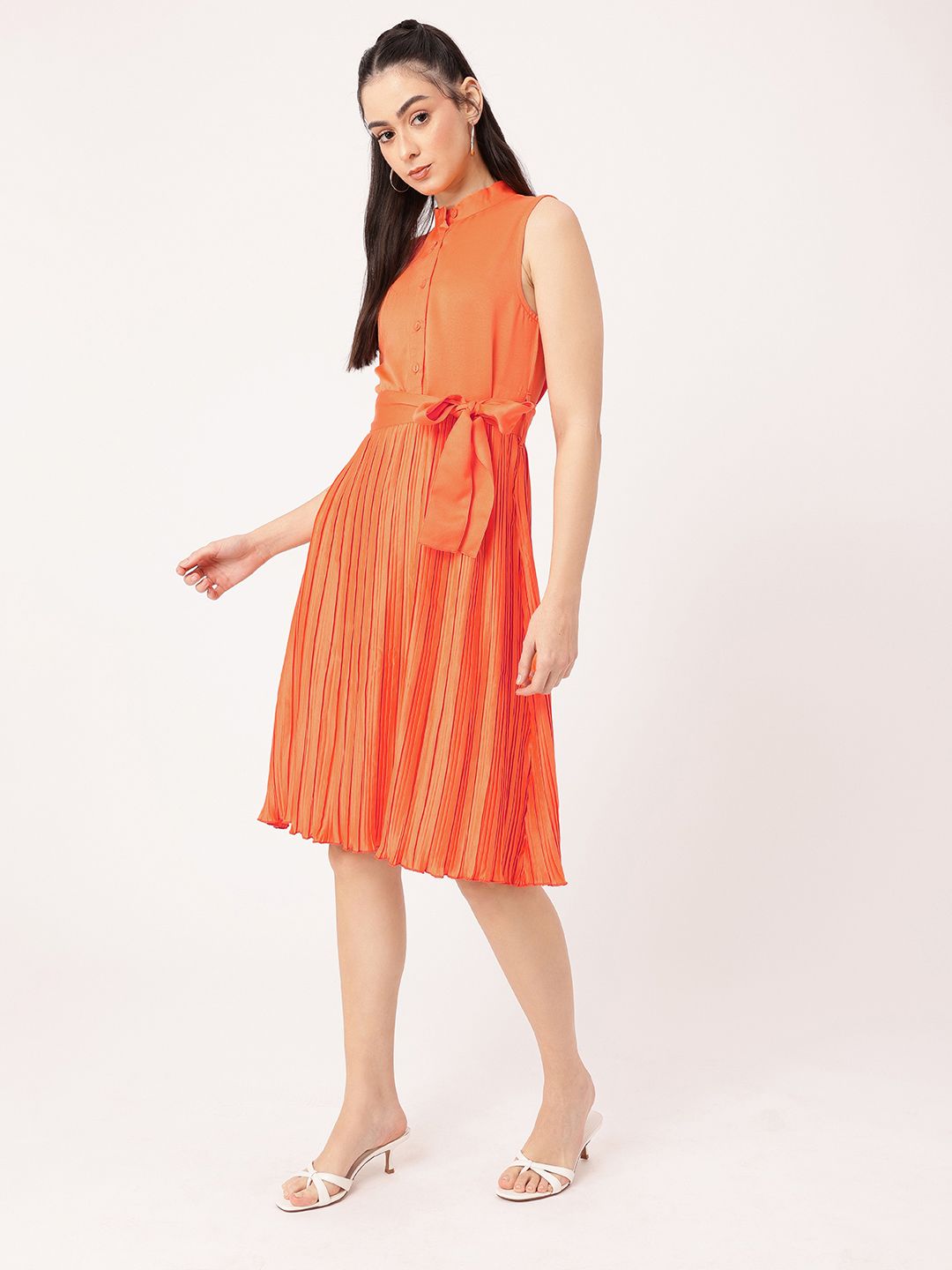 DressBerry Satin Sophistication Accordion Pleated Bow Detailed A-line Dress