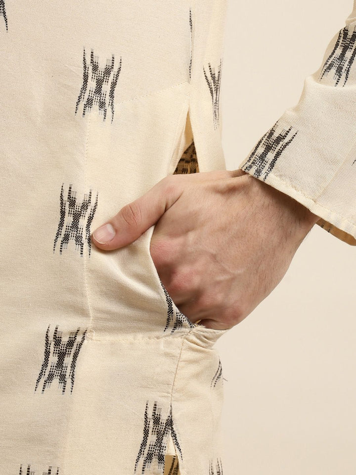 Sojanya Men Beige & Black Ikat Woven Design Pure Cotton Kurta