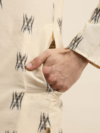 Sojanya Men Beige & Black Ikat Woven Design Pure Cotton Kurta