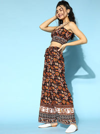 Berrylush Women Stylish Black Printed Top with Trousers