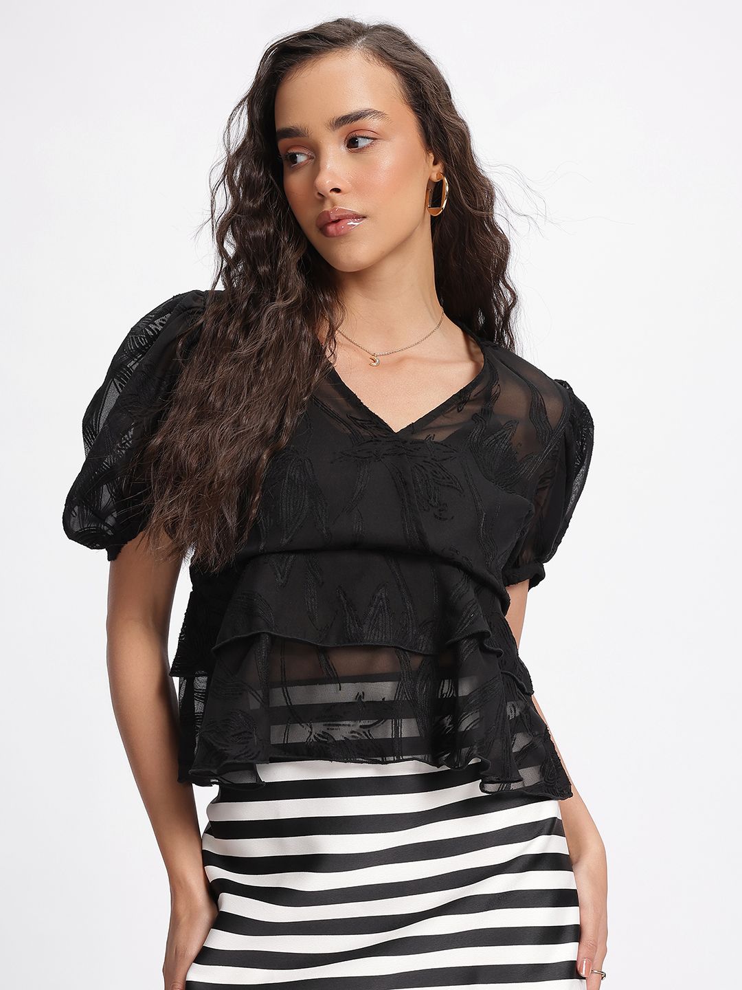 DressBerry Floral V-Neck Semi Sheer Crop Top