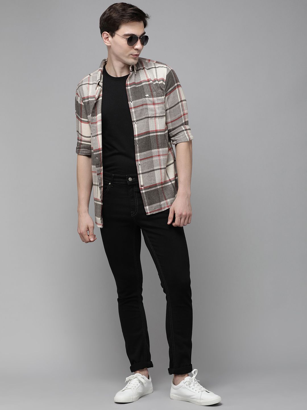 THE BEAR HOUSE Men Grey Slim Fit Pure Cotton Checked Casual Shirt