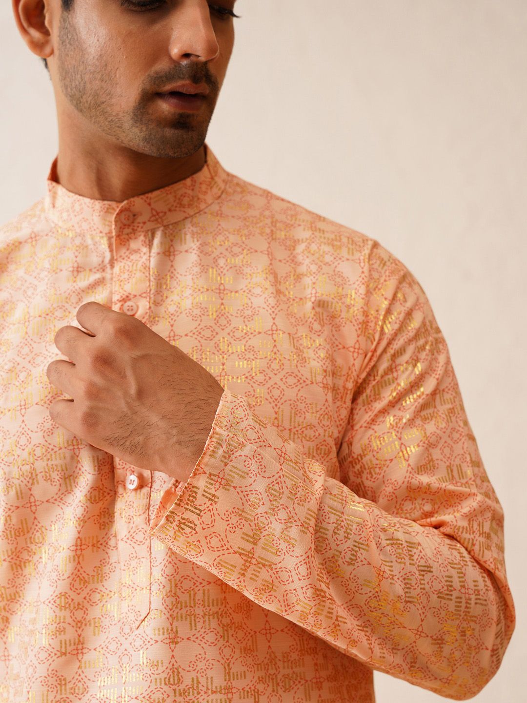 SOJANYA Ethnic Motifs Printed Mandarin Collar Long Sleeves Pure Cotton Straight Kurta