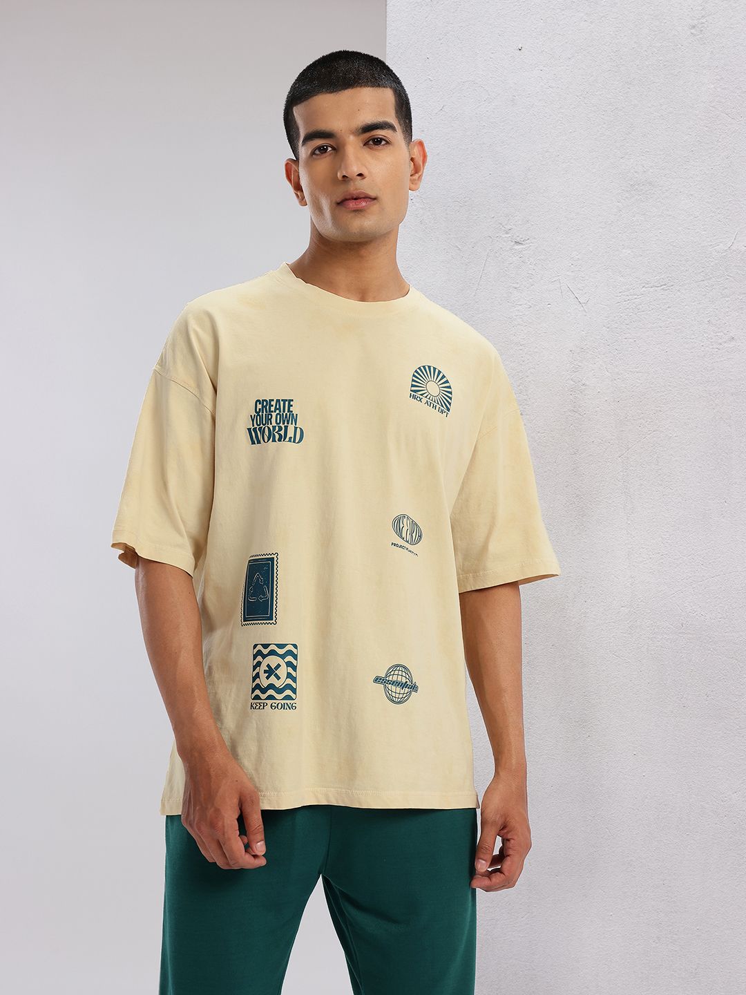 HRX by Hrithik Roshan Printed Drop-Sleeves Pure Cotton Oversized Lifestyle T-shirt