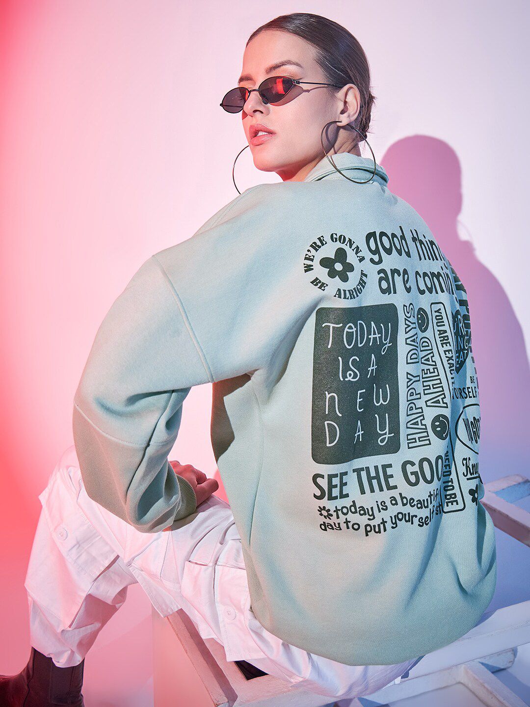 STREET 9 Typography Printed Mock Collar Half Zipper Fleece & Cotton Pullover Sweatshirt