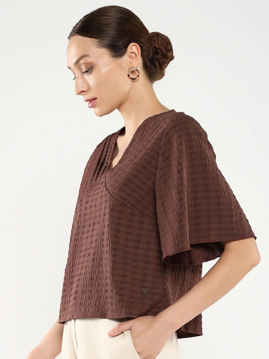RAREISM Solid Self Design V-Neck Top