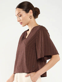 RAREISM Solid Self Design V-Neck Top