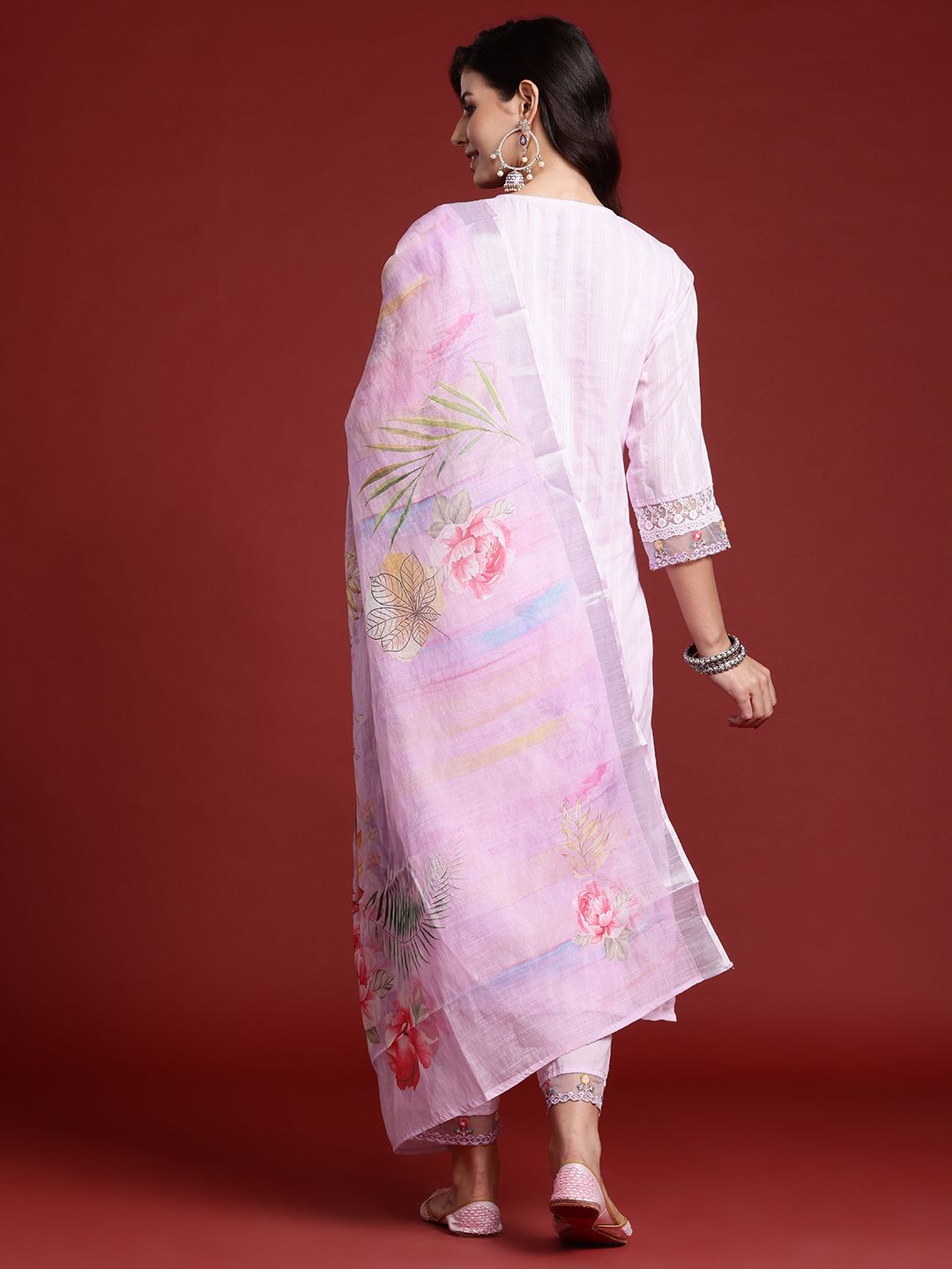Indo Era Floral & Mirror Embellished Pure Cotton Kurta with Trousers & Dupatta