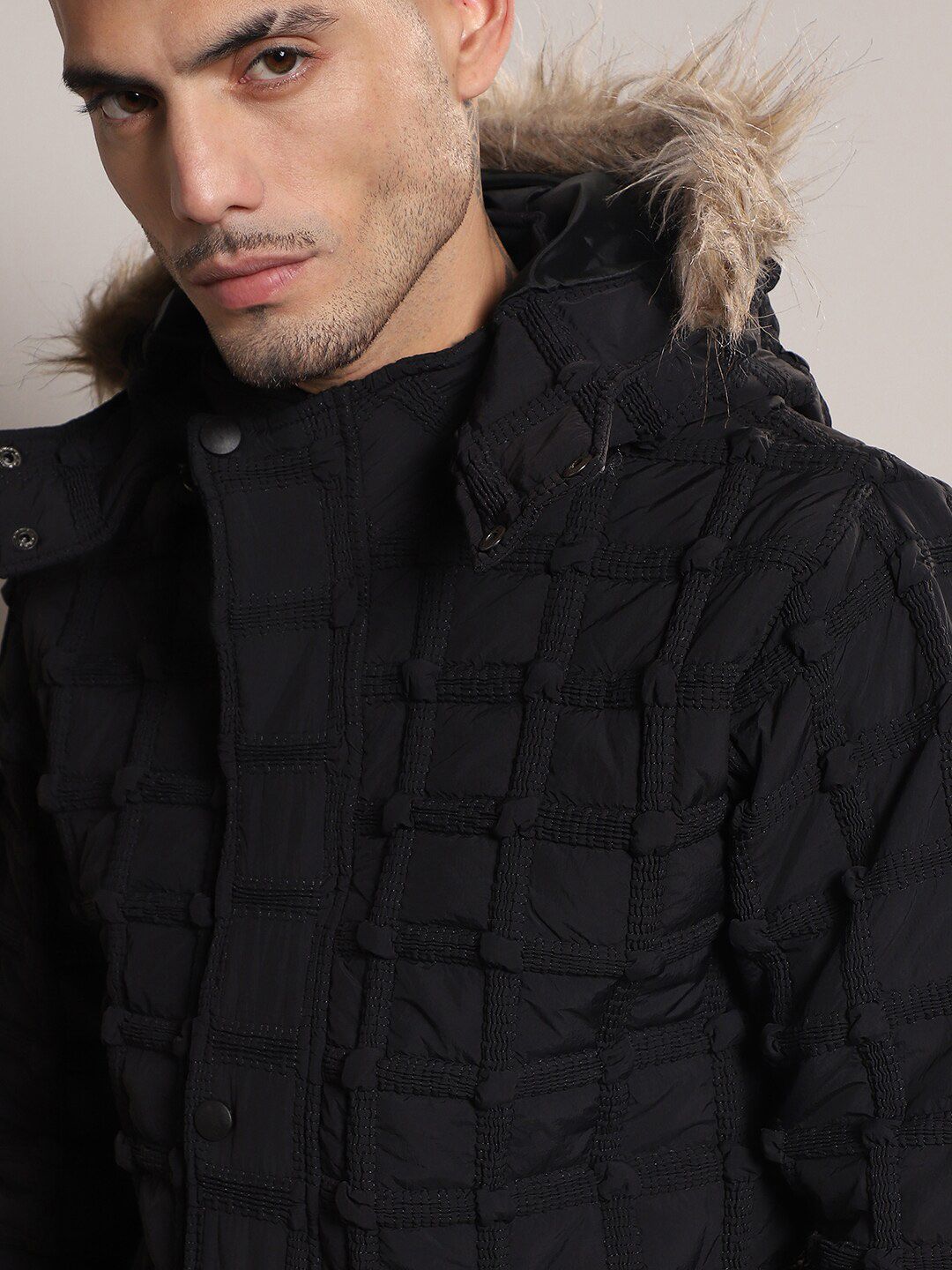 Campus Sutra Self-Design Hooded Windcheater Puffer Jacket