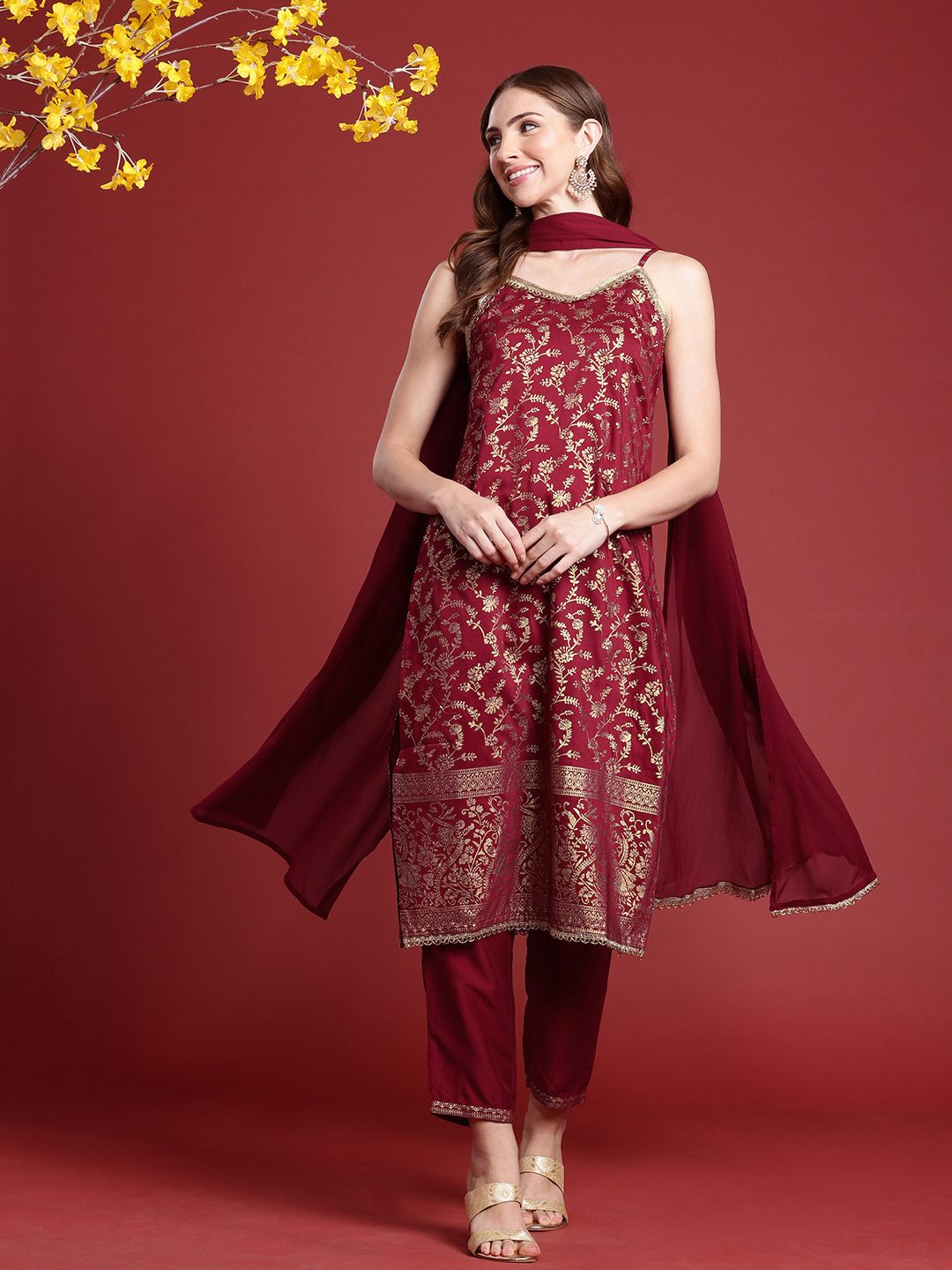 Anouk Indie Floral Printed Shoulder Straps Kurta With Trousers & With Dupatta