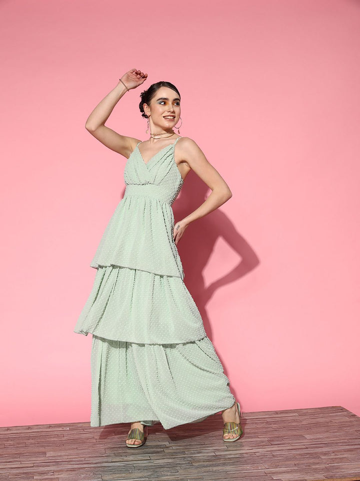 Berrylush Green Layered Georgette Maxi Dress