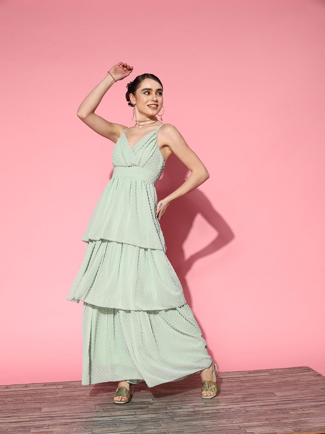 Berrylush Green Layered Georgette Maxi Dress