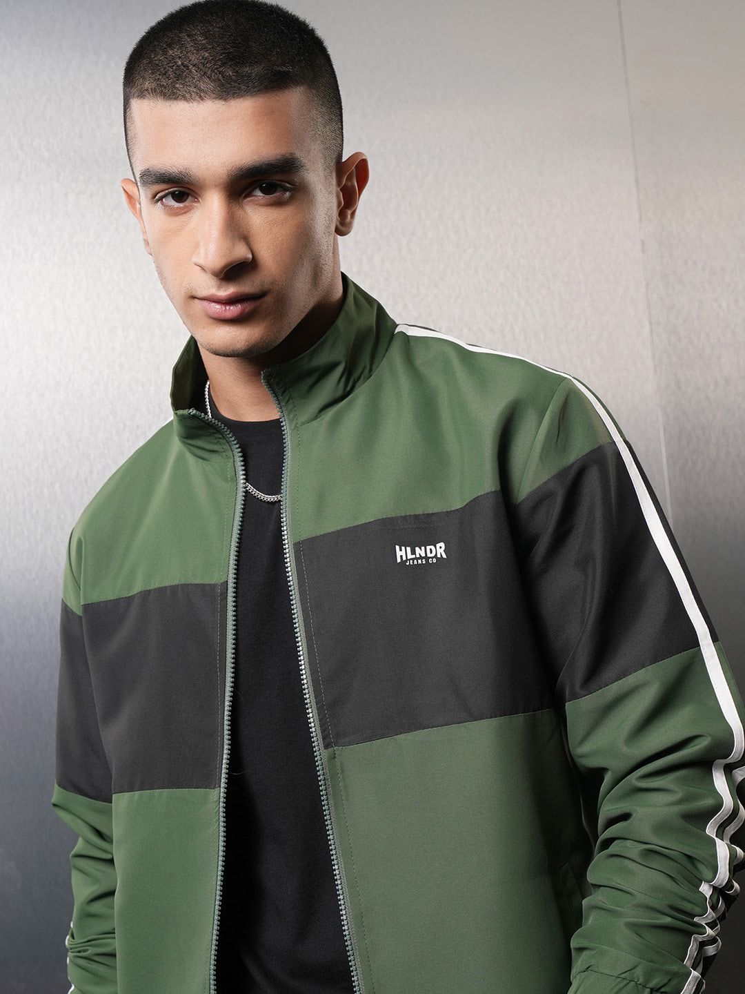 HIGHLANDER Men Colourblocked Crop Bomber with Patchwork Jacket