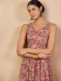Anouk Pink Floral Printed V-Neck Regular Pure Cotton A-Line Kurta With Trousers