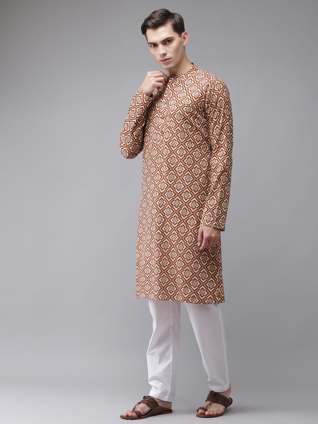 See Designs Men Beige Printed Regular Pure Cotton Kurta with Pyjamas