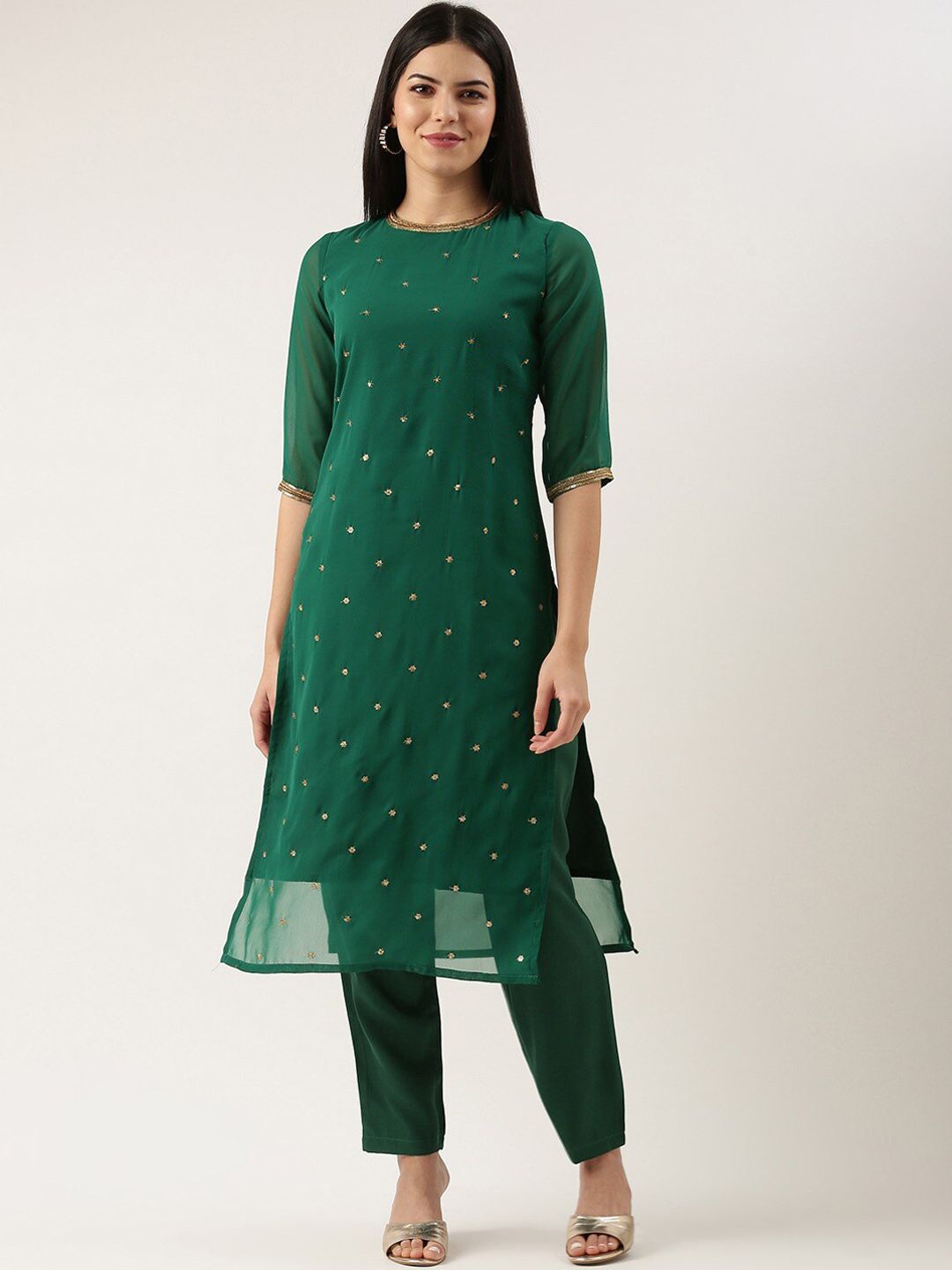 KALINI Embroidered Sequinned Straight Kurta & Trousers