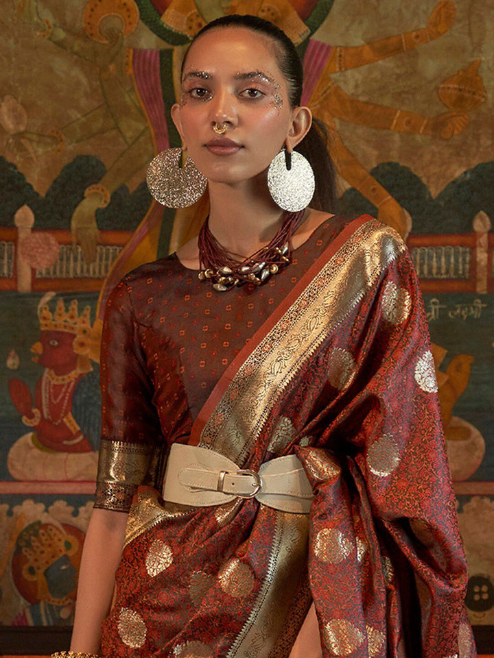 Saree mall Brown & Gold-Toned Woven Design Zari Silk Blend Kanjeevaram Sarees