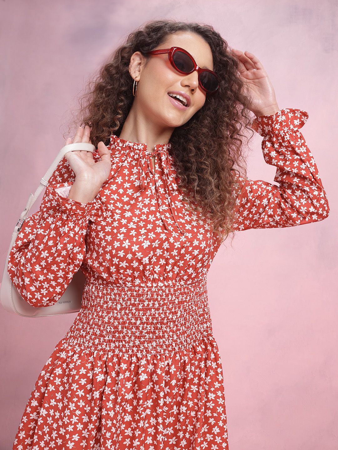 DressBerry Floral Print Smocked A-Line Dress