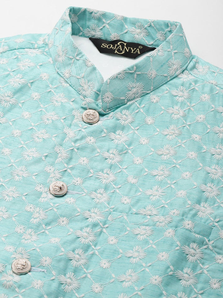 SOJANYA Men Navy Chikankari Embroidered Kurta with Churidar & Nehru Jacket