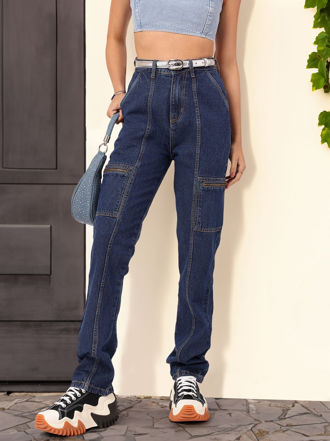 DressBerry Women Grunge Utility Cargo Style Straight Jeans