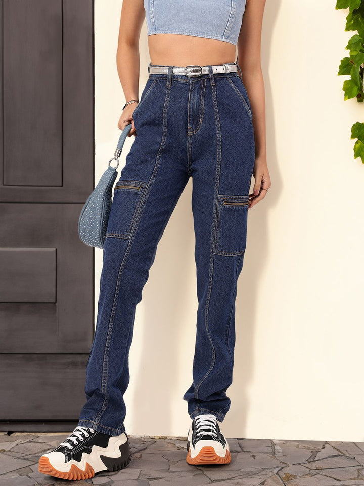 DressBerry Women Grunge Utility Cargo Style Straight Jeans