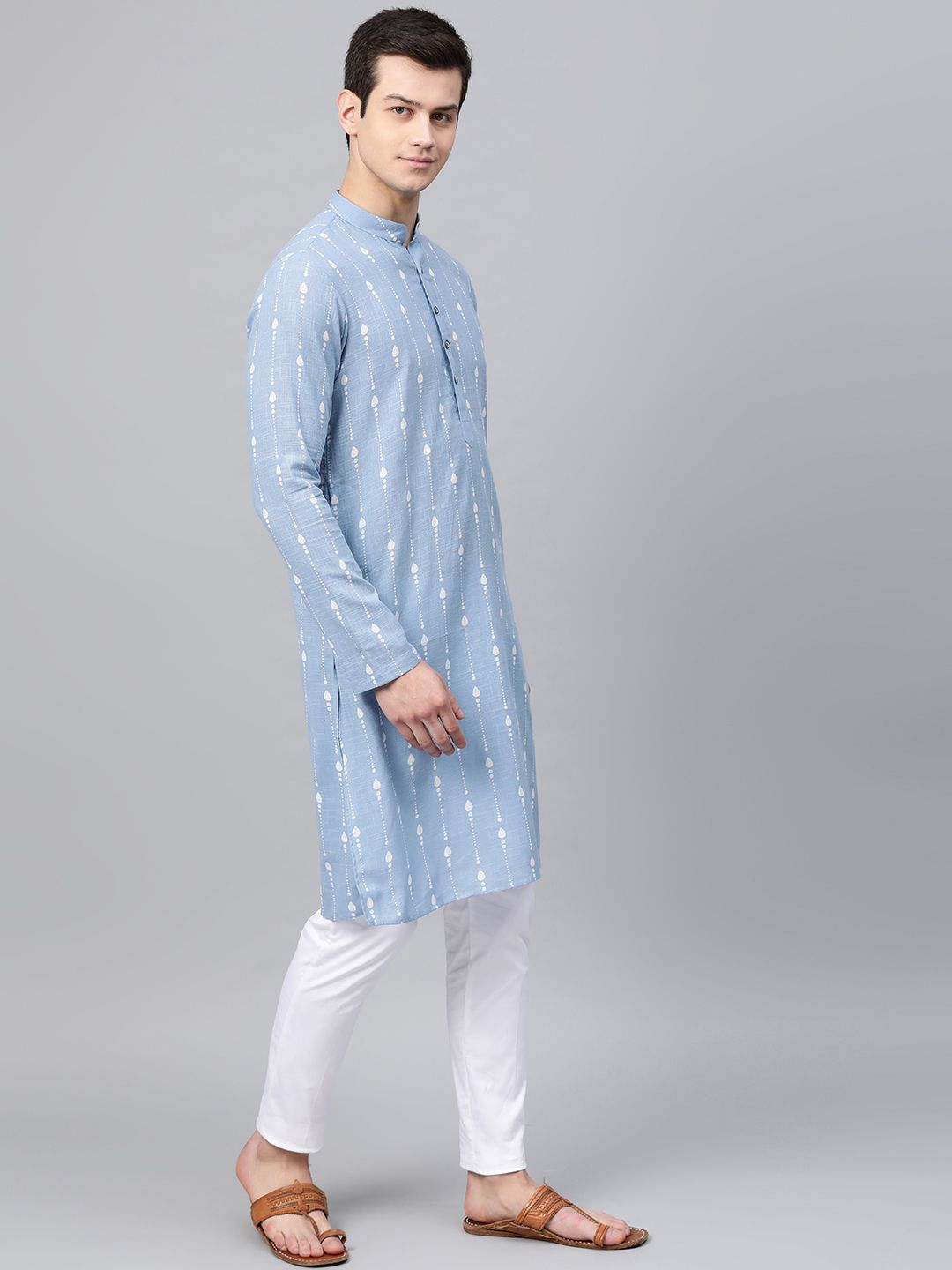 See Designs Men Blue & White Printed Straight Kurta
