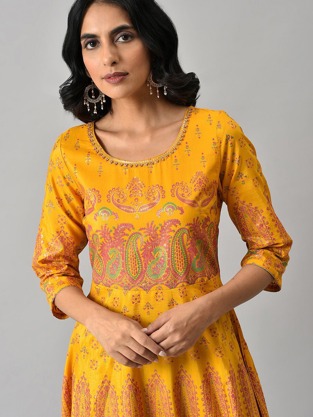 W Women Yellow & Pink Printed Polyester Ethnic Maxi Dress