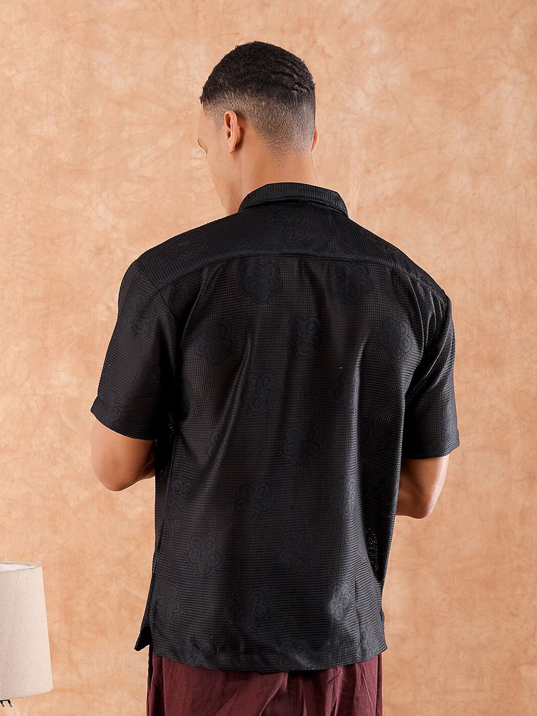 The Indian Garage Co Men Relaxed Fit Solid Warp Knit Lace Resortwear Shirt