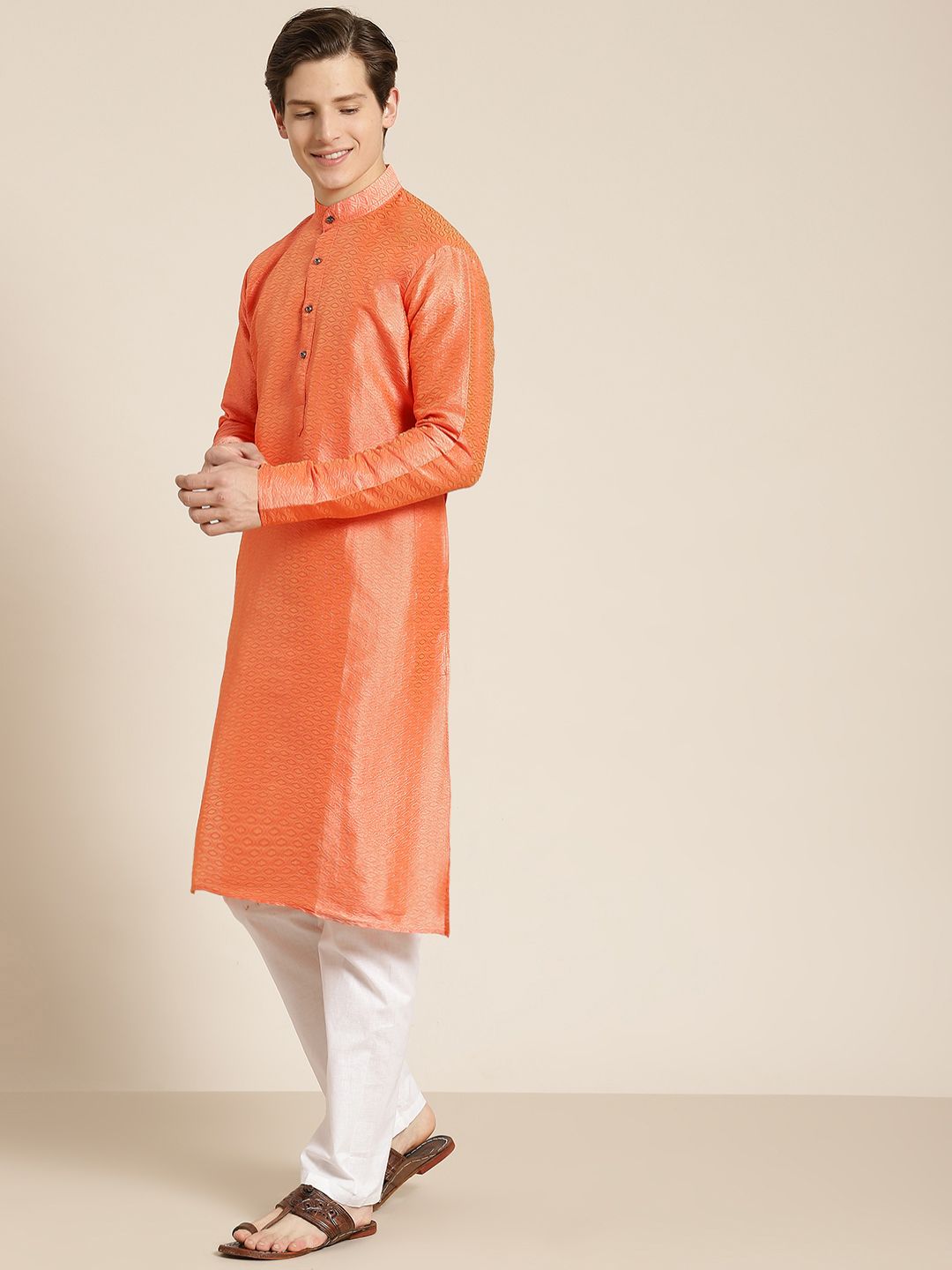 SOJANYA Men Orange Self Design Kurta