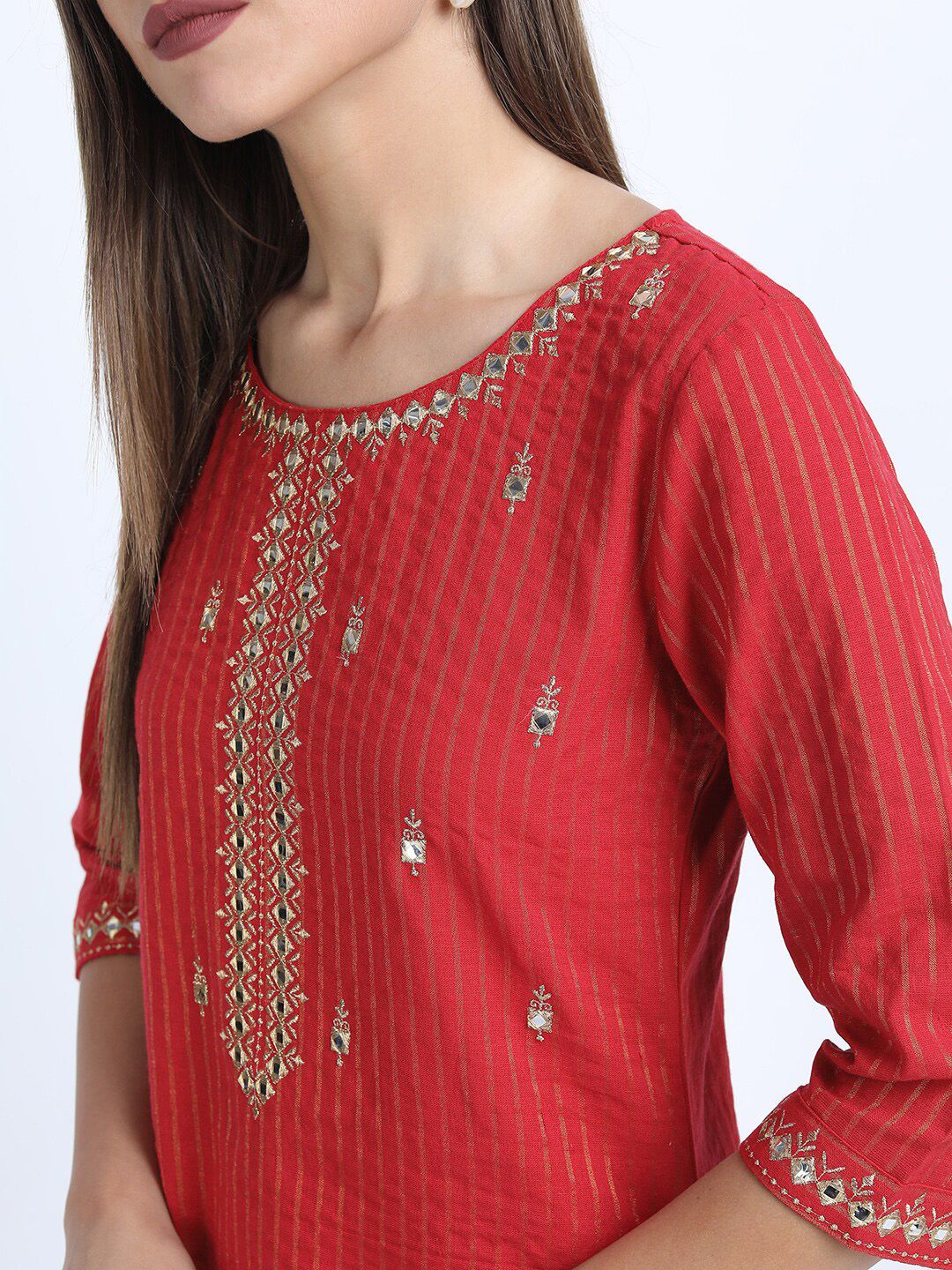 Vishudh Women Red Embroidered Pure Cotton Kurta with Trousers