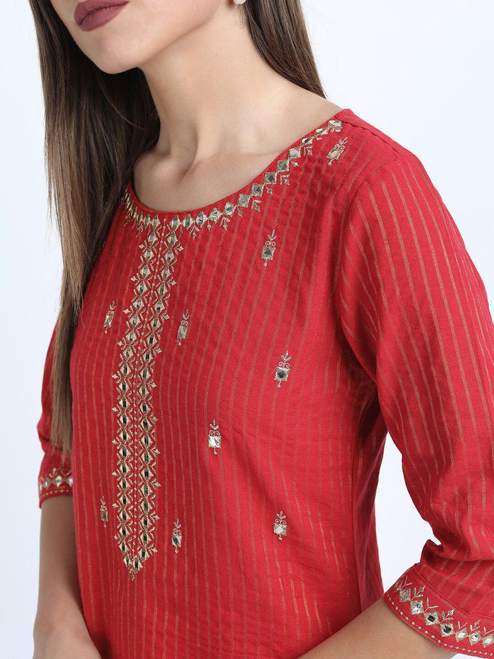 Vishudh Women Red Embroidered Pure Cotton Kurta with Trousers