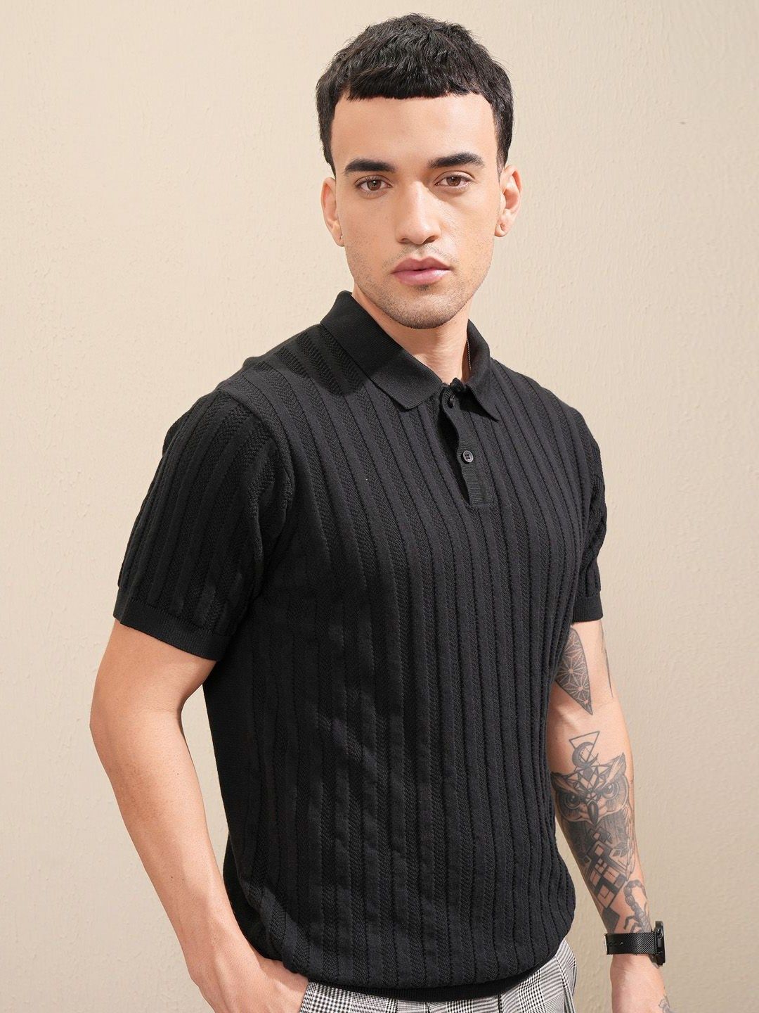 HIGHLANDER Men Knitted Textured Polo Collar T-shirt