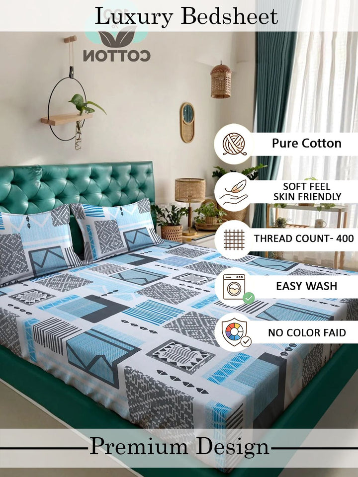 Myntra Elegant Homes Blue Geometric 400 TC King Bedsheet with 2 Pillow Covers