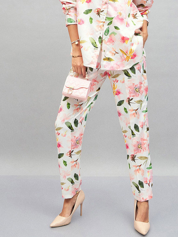 SASSAFRAS White Women Floral Printed Straight Fit Trousers
