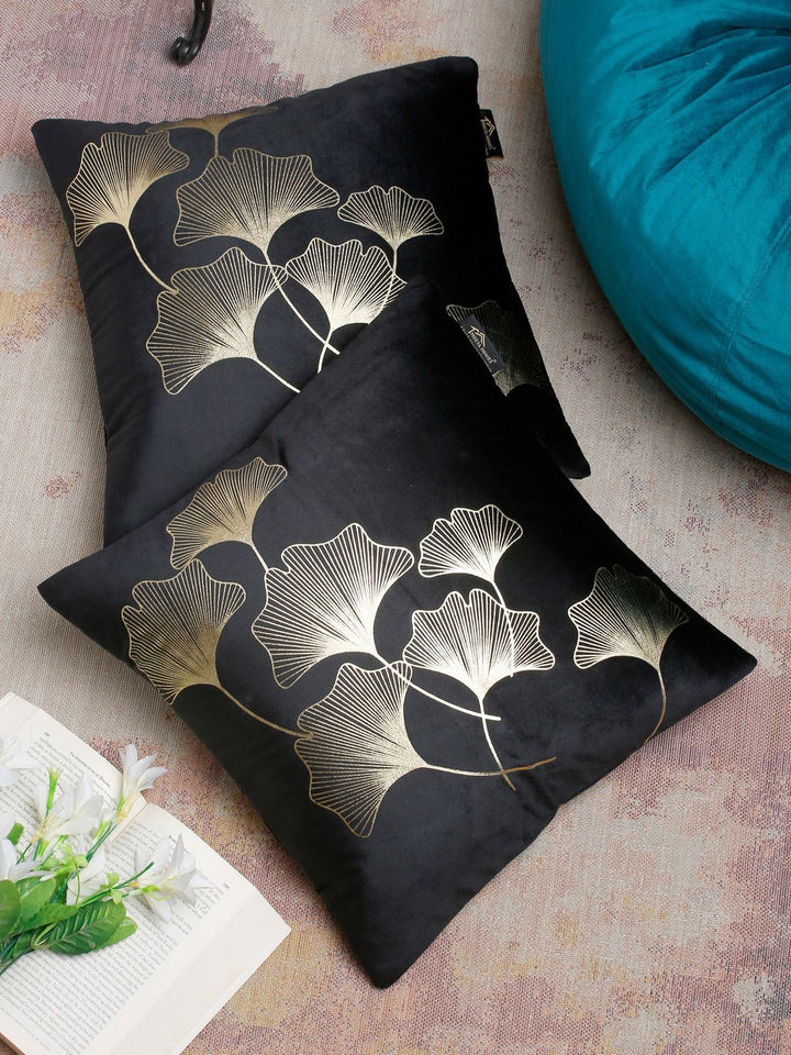HOSTA HOMES Black & Silver Set of 2 Ethnic Motifs Velvet Square Cushion Covers