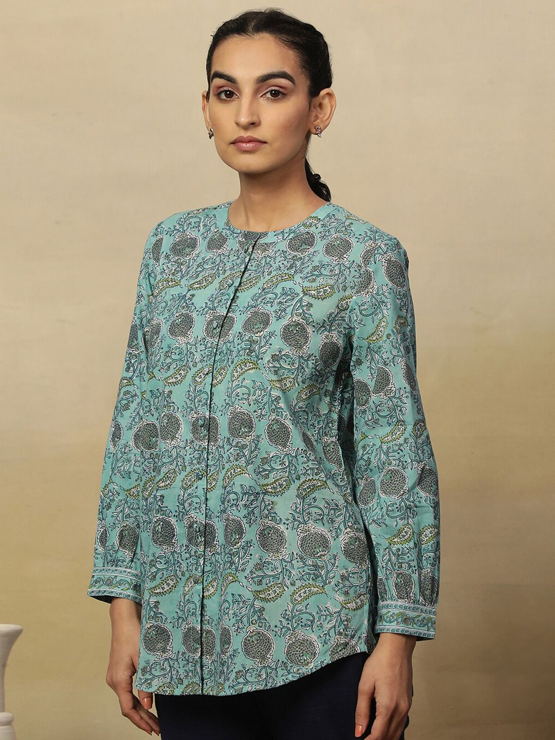 W Blue Floral Printed Mandarin Collar Shirt Style Cotton Top