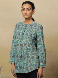W Blue Floral Printed Mandarin Collar Shirt Style Cotton Top