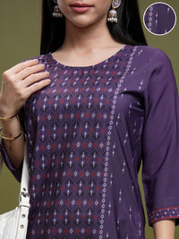 Vishudh Purple Geometric Printed Round Neck Thread Work Straight Kurta