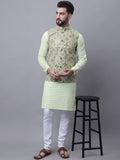 SOJANYA Motif Etnik Lelaki Sulam Kurta Kapas Tulen Dengan Piyama & Jaket Nehru