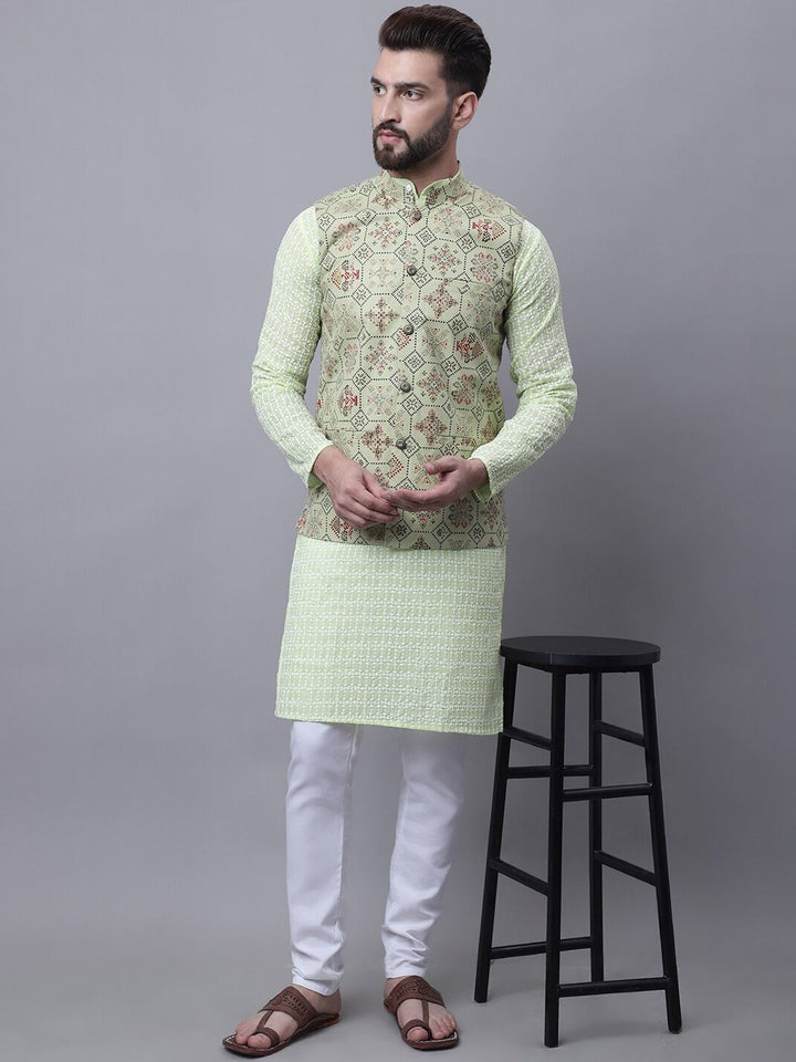 SOJANYA Men Ethnic Motifs Embroidered Pure Cotton Kurta With Pyjamas & Nehru Jacket