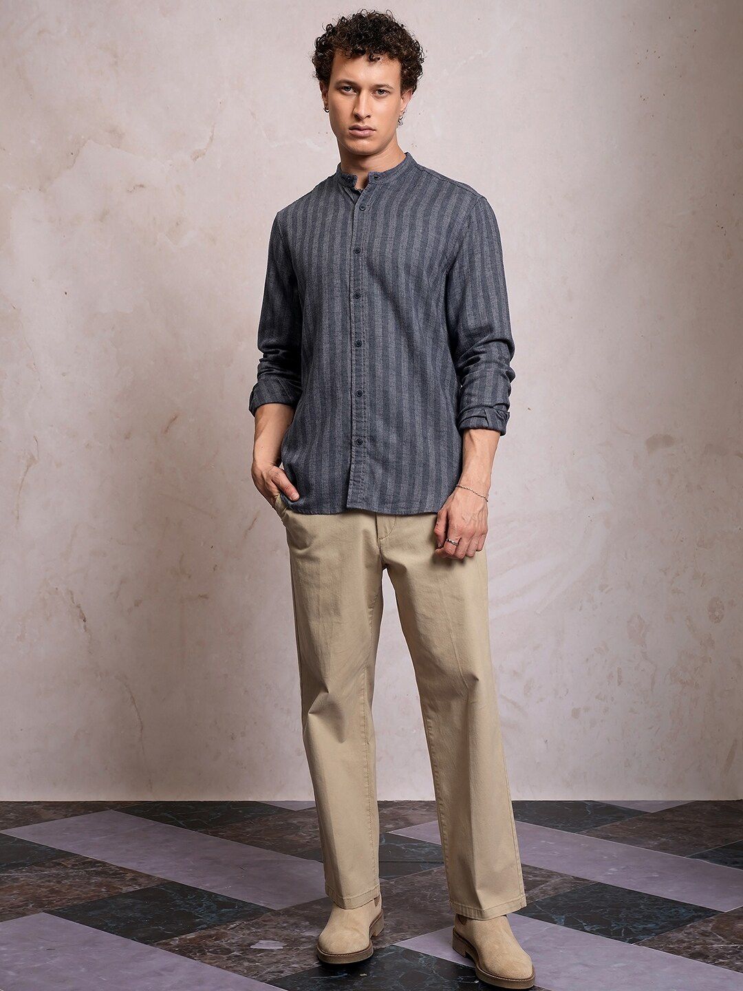 LOCOMOTIVE Men Blue Linen Blend Textured Striper Stand-Up Collar Regular Shirt