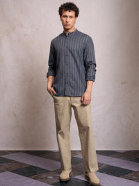LOCOMOTIVE Men Blue Linen Blend Textured Striper Stand-Up Collar Regular Shirt
