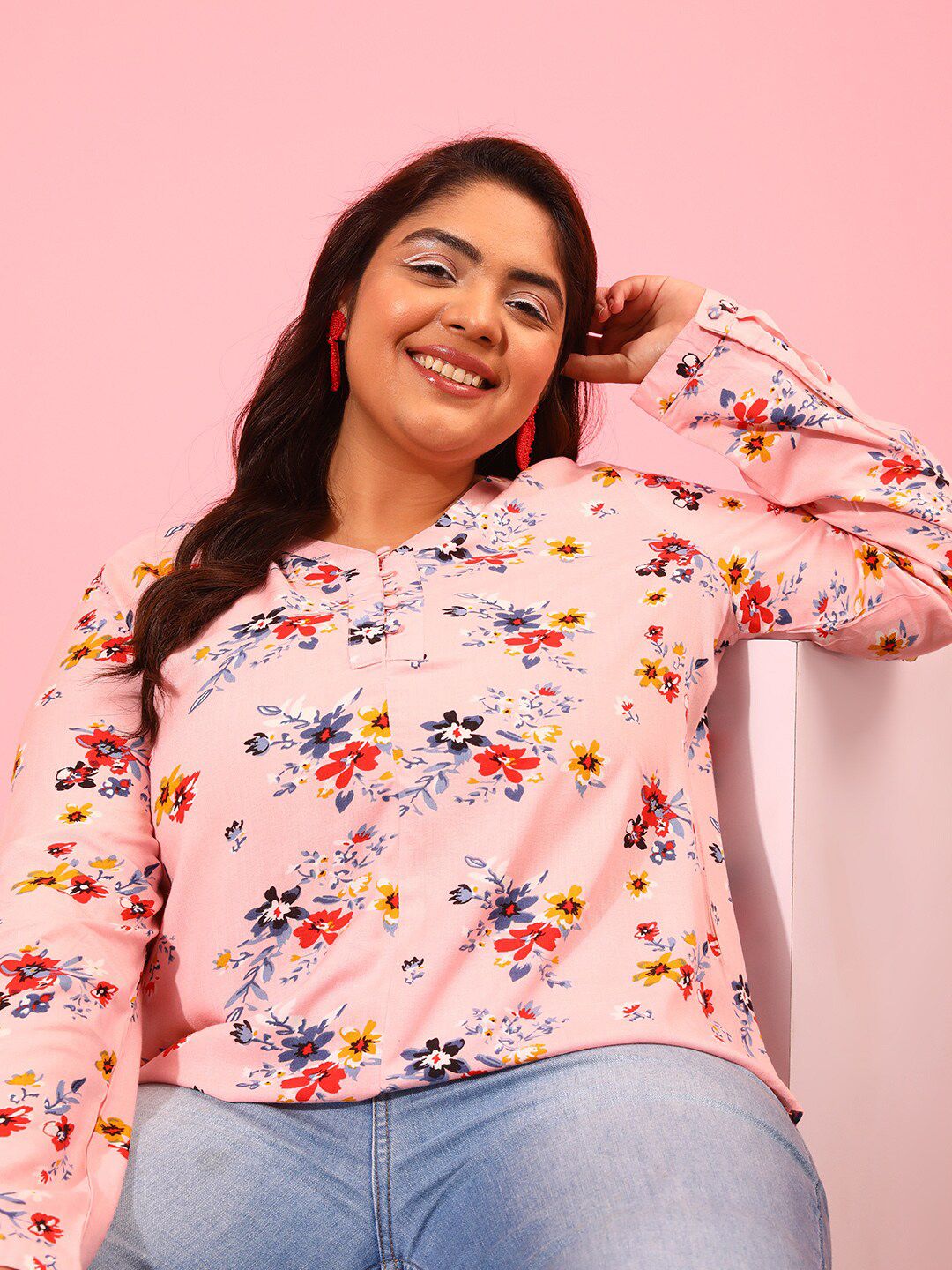 CURVY STREET Floral Printed Cuffed Sleeves Top