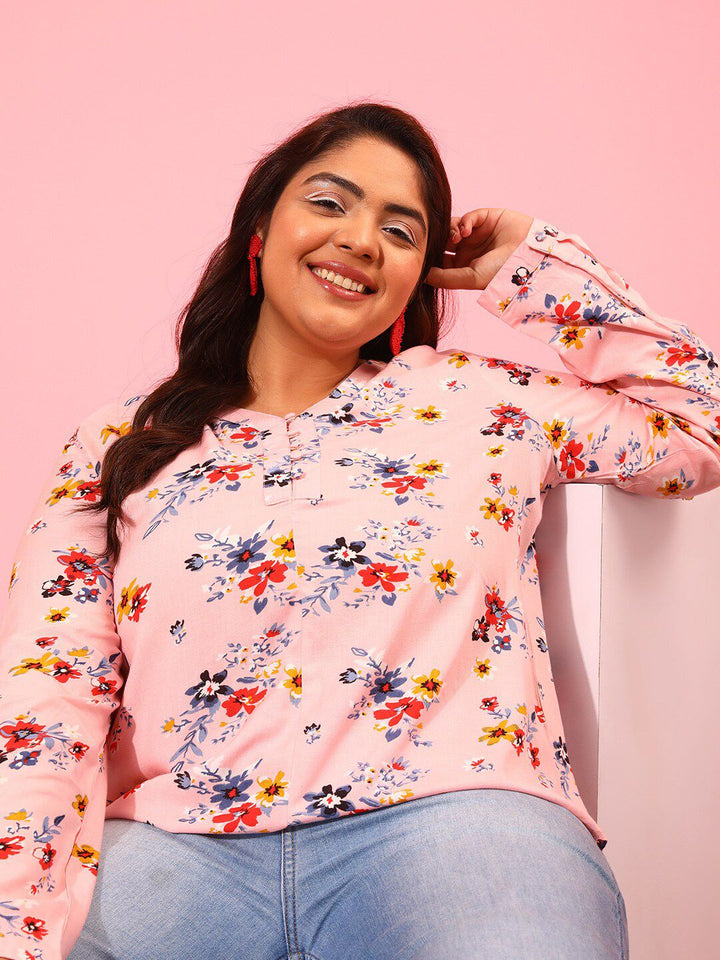 CURVY STREET Floral Printed Cuffed Sleeves Top