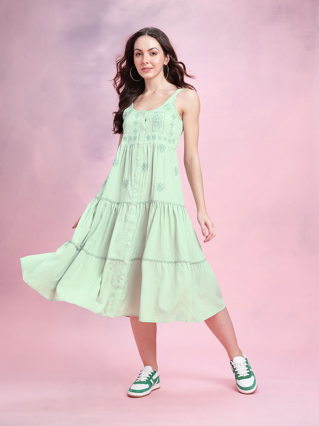 DressBerry Floral Embroidered Tiered A-Line Midi Dress