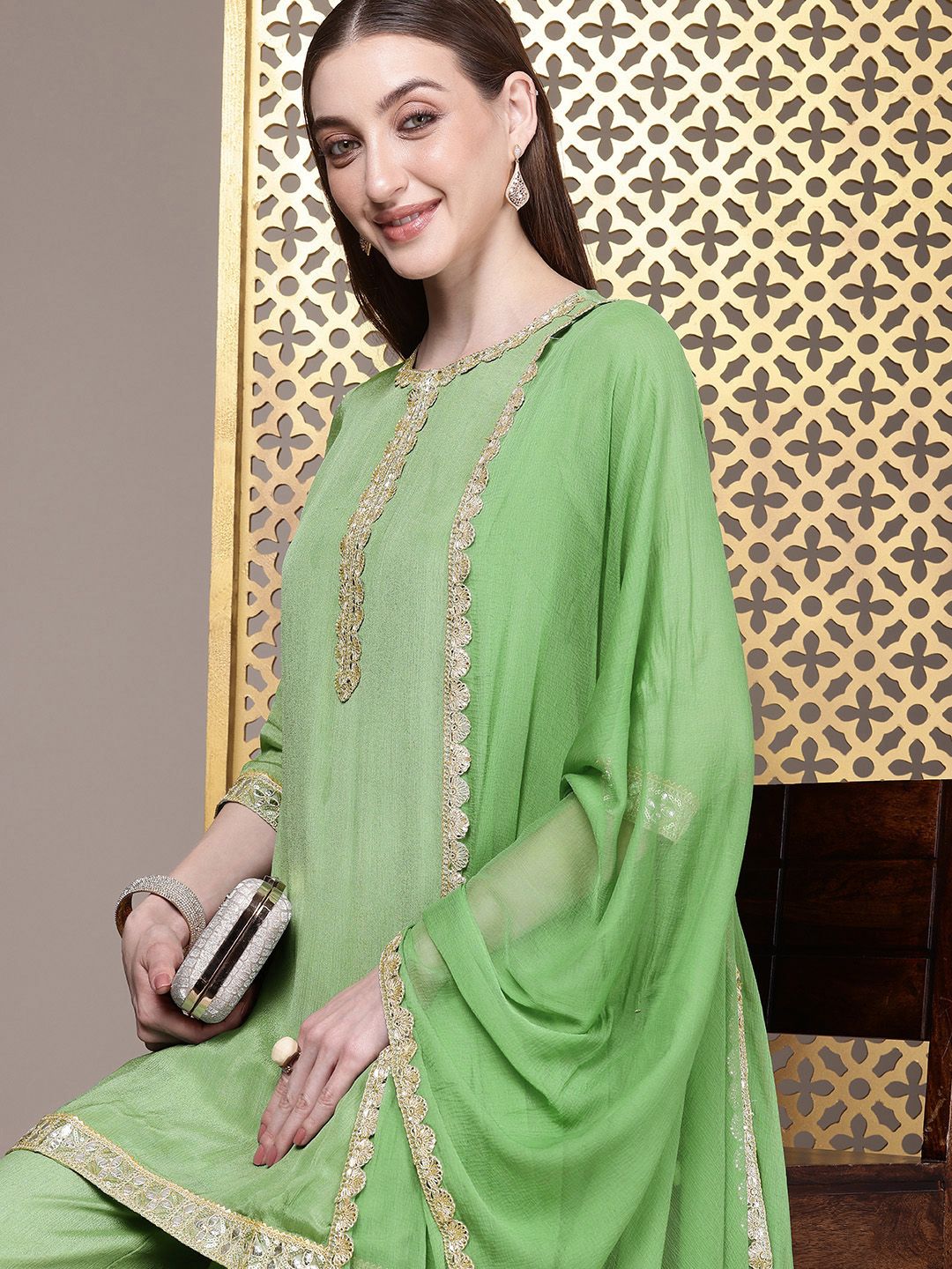 House of Pataudi Women Jashn Gotta Patti Kurti With Palazzos & Dupatta