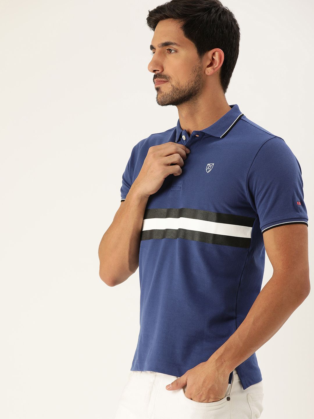 Being Human Clothing Men Blue  Black Striped Polo Collar Pure Cotton T-shirt with Tipping Detail